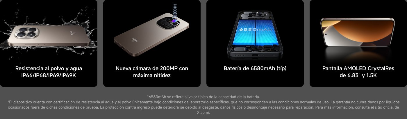 El contenido presenta características de un dispositivo móvil. Destaca su resistencia al polvo y agua (certificaciones IP), una cámara de 200MP, batería de 6580mAh y una pantalla AMOLED de 6.83" y 1.5K. Incluye información adicional sobre las especificaciones de la batería y condiciones de garantía.
