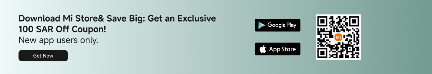 Download the Mi Store and save big with an exclusive 100 SAR off coupon for new app users only. Includes a QR code for easy access and buttons for Google Play and the App Store.