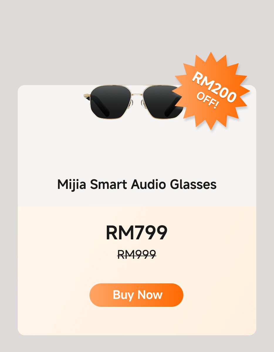 Mijia smart audio glasses, priced at RM799 (original price RM999, discount of RM200). The button says "Buy Now".