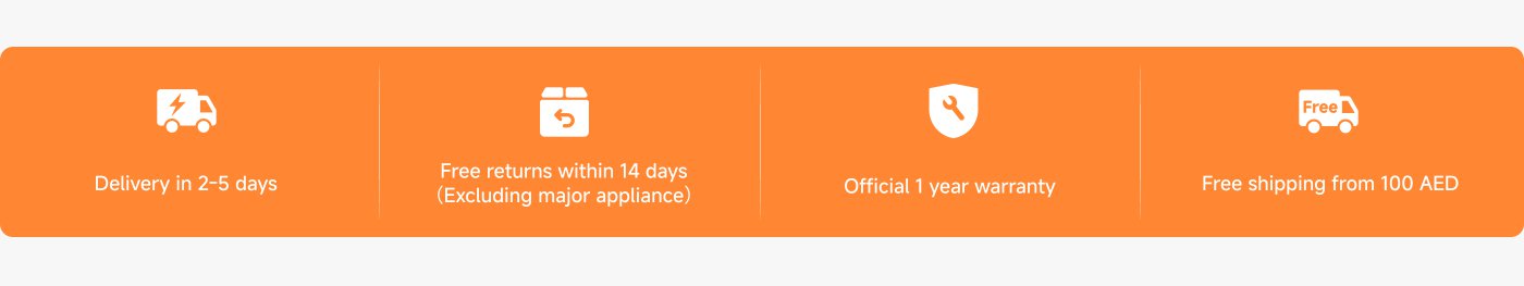 Delivery information includes: delivery in 2-5 days, free returns within 14 days (excluding major appliances), official 1-year warranty, and free shipping for orders over 100 AED.