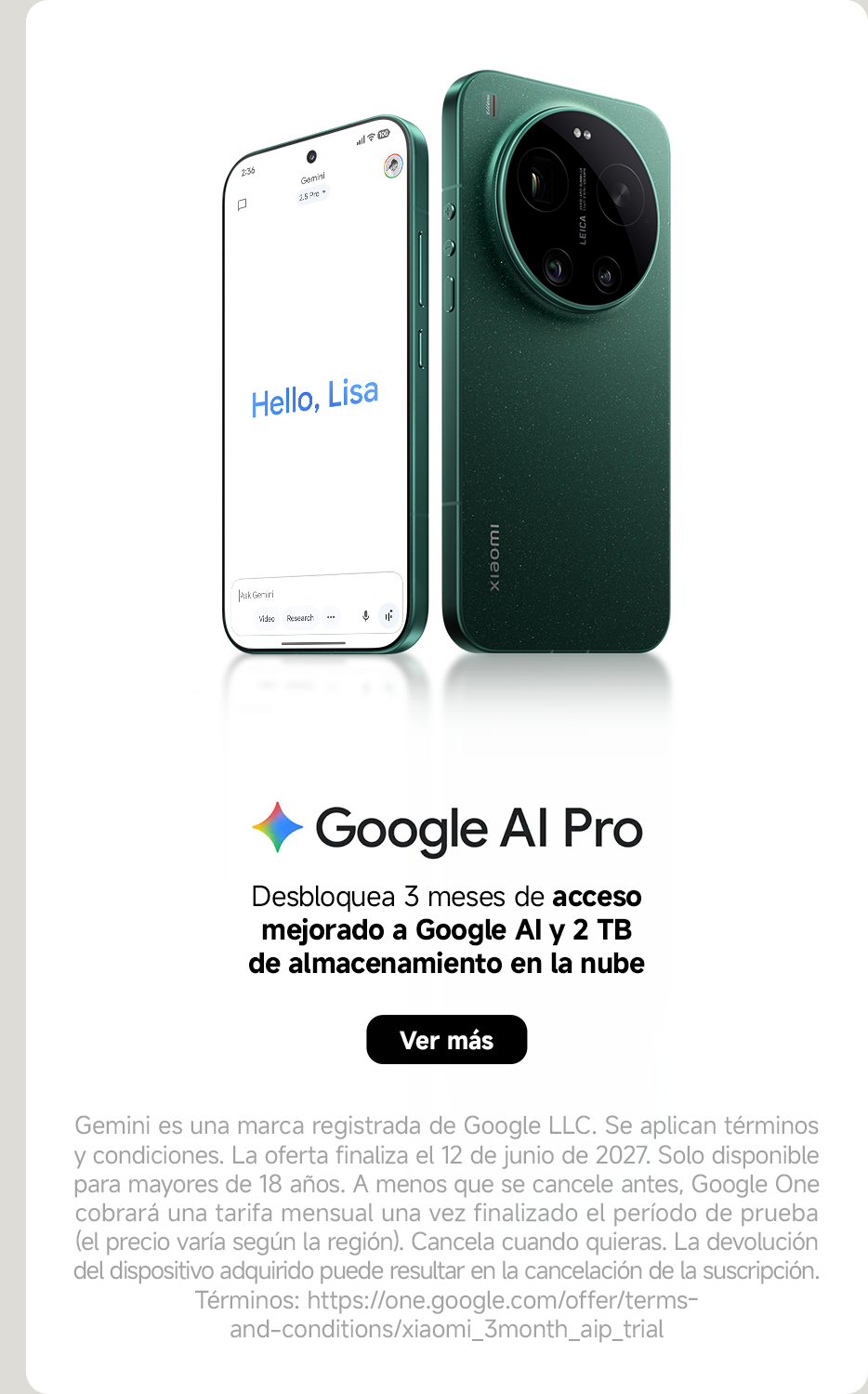 Texto en la imagen: "Desbloquea 3 meses de acceso mejorado a Google AI y 2 TB de almacenamiento en la nube". También se menciona la oferta de Google AI Pro y las condiciones de uso.
