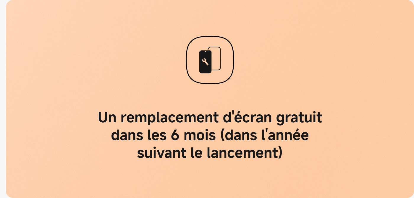 Un remplacement d'écran gratuit dans les 6 mois (dans l'année suivant le lancement).