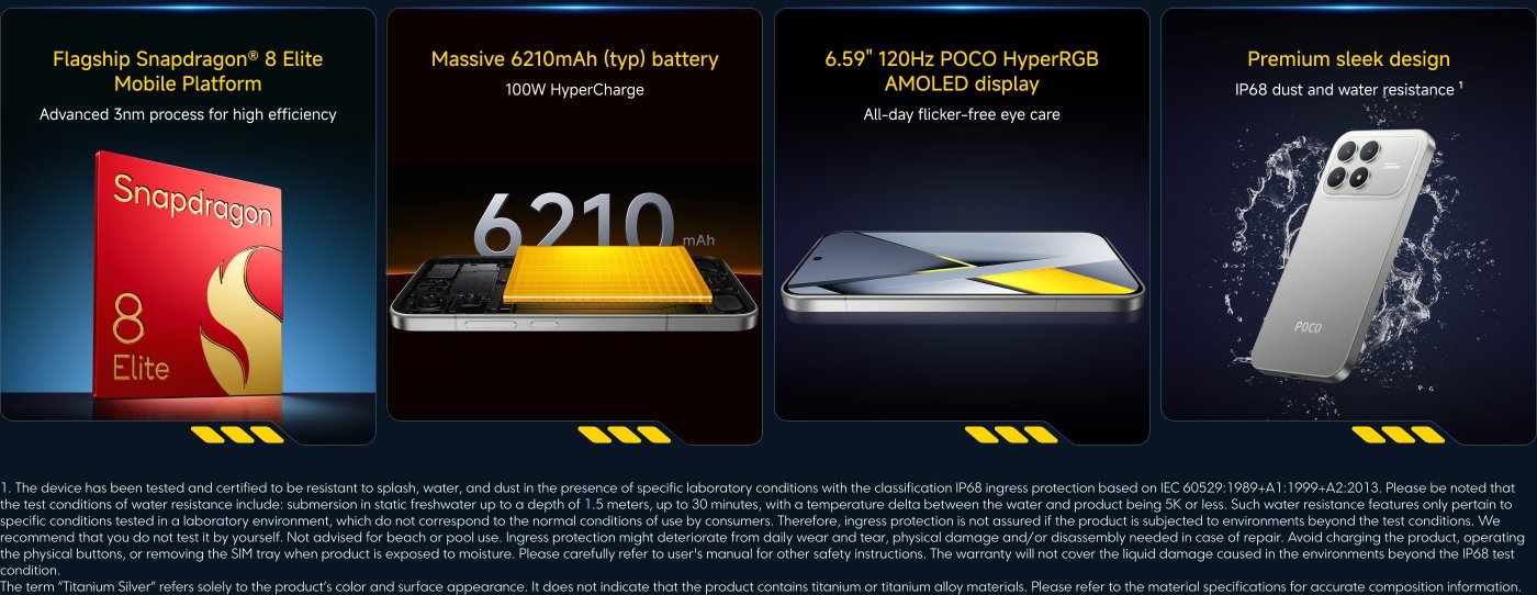 Gambar tersebut menampilkan detail tentang perangkat mobile yang menyoroti spesifikasi kuncinya:

- **Prosesor**: Snapdragon 8 Elite Mobile Platform dengan proses 3nm untuk efisiensi.
- **Baterai**: Kapasitas 6210mAh dengan teknologi HyperCharge 100W.
- **Layar**: 6,59" 120Hz POCO HyperRGB AMOLED, dirancang untuk perawatan mata.
- **Desain**: Tampilan premium dengan sertifikasi ketahanan debu dan air IP68.

Catatan tambahan menyebutkan kondisi untuk ketahanan air dan spesifikasi material untuk desain perangkat.
