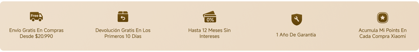 En la imagen se presentan varios beneficios de compra, incluyendo:

- Envío gratis en compras desde $20.990.
- Devolución gratis en los primeros 10 días.
- Hasta 12 meses sin intereses.
- 1 año de garantía.
- Acumulación de Mi Points en cada compra de Xiaomi.