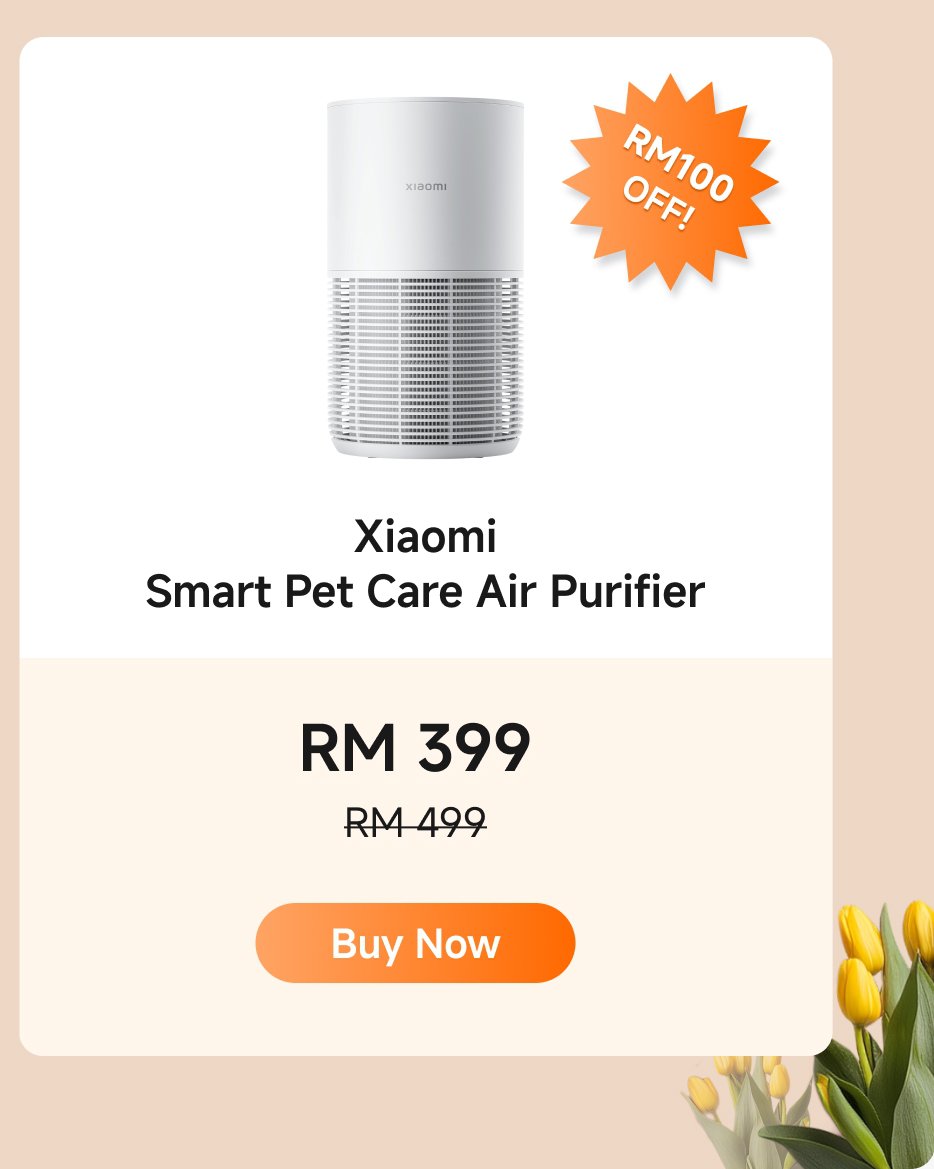 Xiaomi Smart Pet Care Air Purifier, priced at RM 399 (originally RM 499). Special offer of RM 100 off. A "Buy Now" button is prominently displayed.