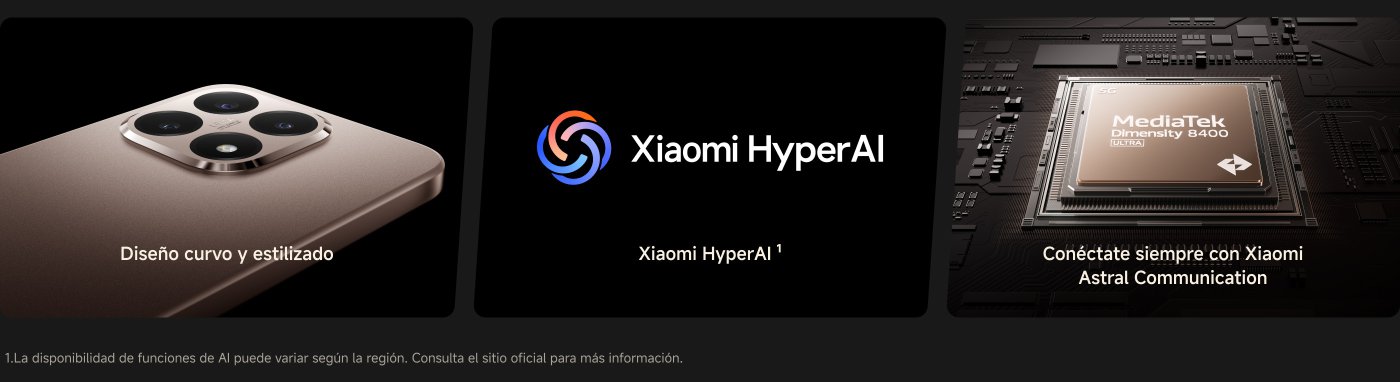 Un primer plano de un teléfono móvil que muestra el diseño de cuatro cámaras, acompañado de la frase "curvas de diseño y embellecimiento", así como las marcas Xiaomi HyperAI y MediaTek Dimensity 8400, con un fondo de patrones de circuitos tecnológicos.