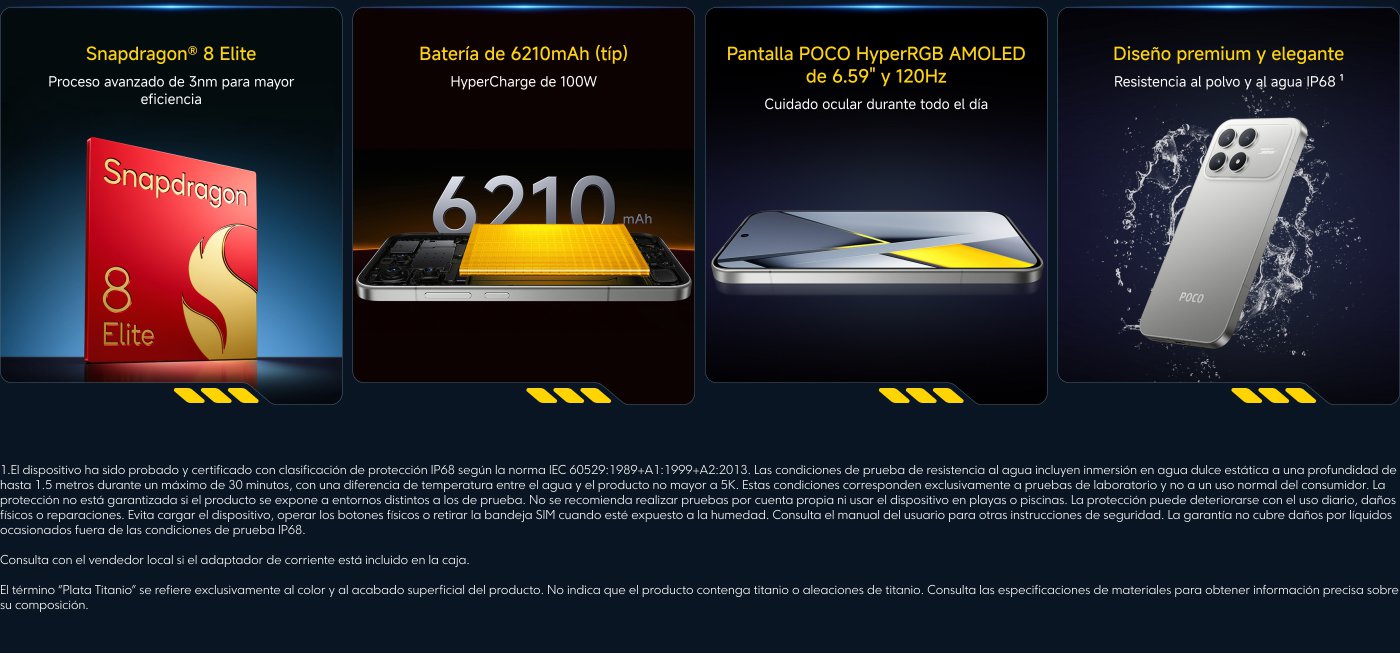 Snapdragon® 8 Elite: Proceso avanzado de 3nm para mayor eficiencia. Batería de 6210mAh con HyperCharge de 100W. Pantalla POCO HyperRGB AMOLED de 6.59" y 120Hz. Diseño premium y elegante, resistencia al polvo y agua IP68.