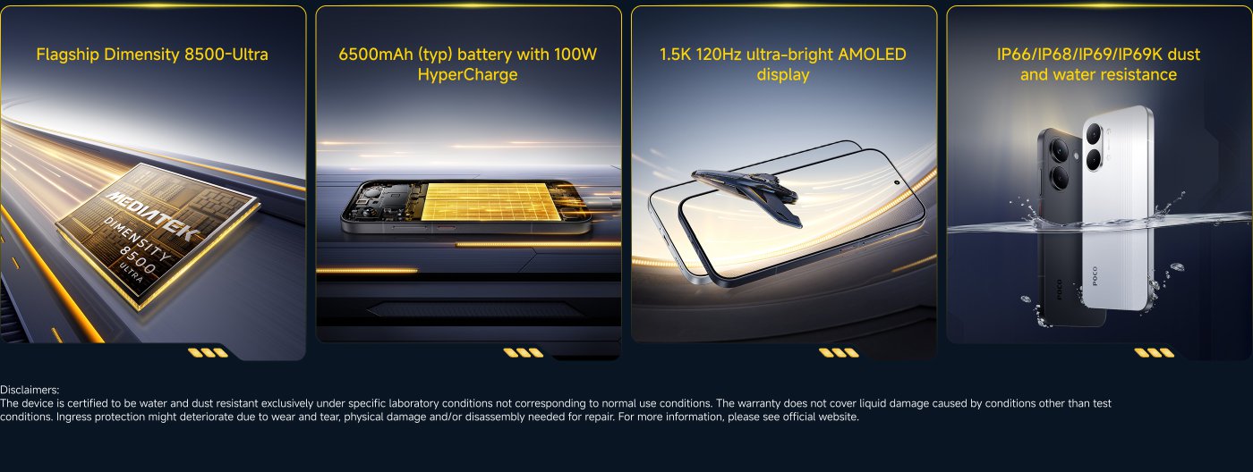 The image features a promotional layout for a smartphone, showcasing its key specifications:

1. **Processor**: MediaTek Dimensity 8500-Ultra.
2. **Battery**: 6500mAh with 100W HyperCharge.
3. **Display**: 1.5K 120Hz ultra-bright AMOLED screen.
4. **Durability**: IP66/IP68/IP69/IP69K dust and water resistance.

There are disclaimers about the conditions under which the device's water and dust resistance is certified.