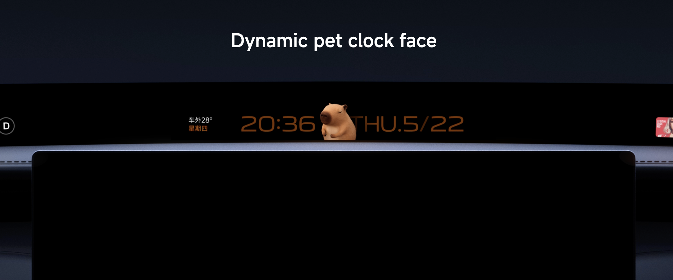 Dynamic pet clock interface, displaying time 20:36, date May 22, external temperature 28°C, background is black.