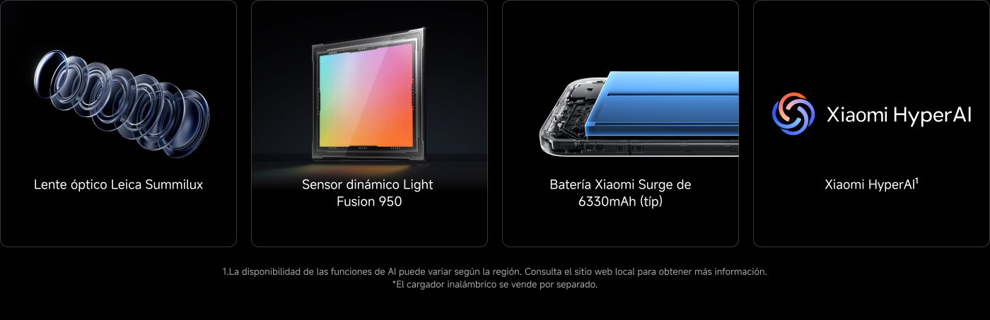 La imagen presenta características de un dispositivo, incluyendo:

- Lente óptico Leica Summilux.
- Sensor dinámico Light Fusion 950.
- Batería Xiaomi Surge de 6330mAh.
- Tecnología Xiaomi HyperAI.

También menciona que la disponibilidad de funciones de IA puede variar según la región y que el cargador inalámbrico se vende por separado.