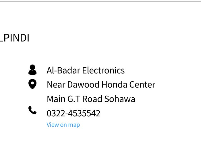 Al-Badar Electronics, located on Main G.T Road in Sohawa, near Dawood Honda Center, contact number 0322-4535542.