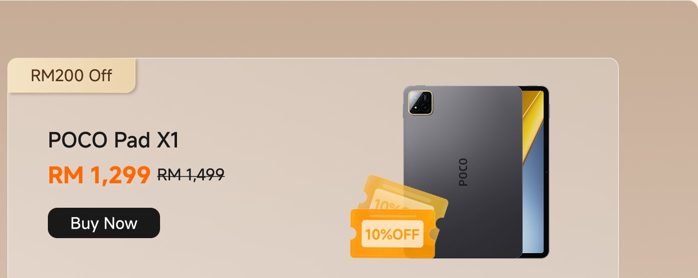 The promotional information shows that the price of the POCO Pad X1 is RM 1,299, down from the original price of RM 1,499, with a discount of RM 200 available, plus an additional 10% discount. You can click the "Buy Now" button.