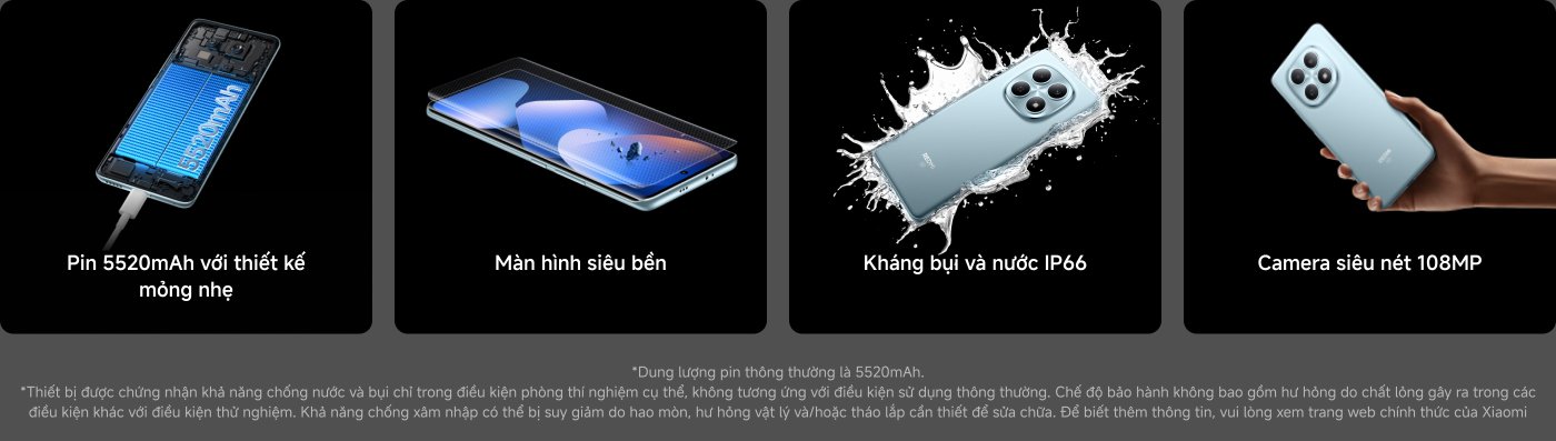 Bức tranh này thể hiện một số đặc điểm chính của chiếc điện thoại, bao gồm:

- Pin mỏng nhẹ 5520mAh
- Màn hình siêu bền
- Chống bụi và nước đạt tiêu chuẩn IP66
- Camera độ phân giải cao 108MP

Phía dưới có mô tả về pin và tính năng chống nước, nhấn mạnh khả năng bảo vệ của thiết bị trong các điều kiện nhất định.