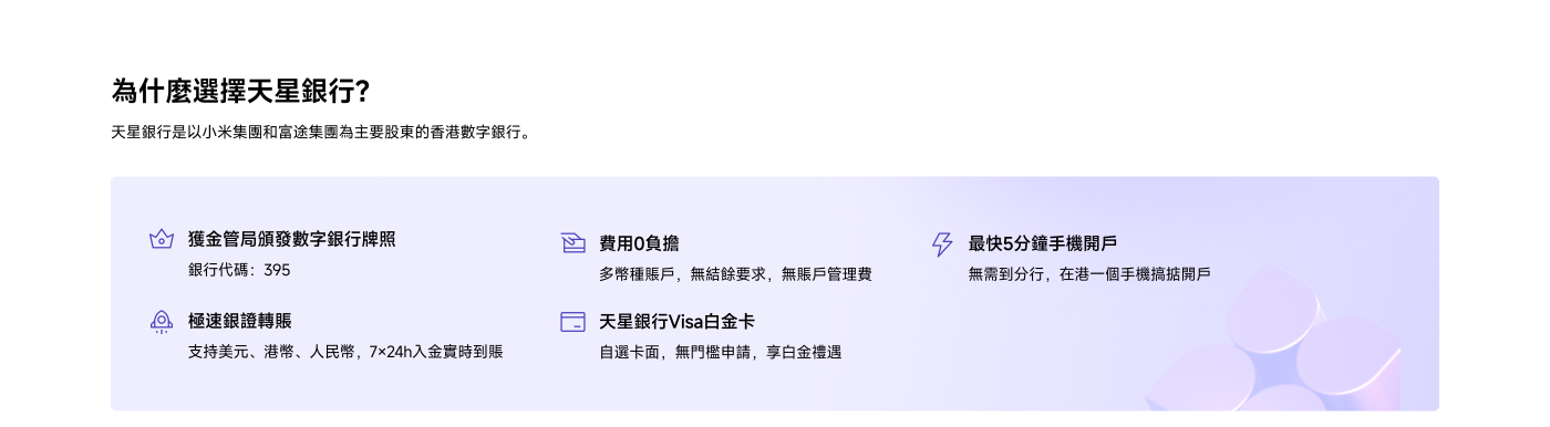 选择天星银行的理由包括：获得监管局颁发的数字银行牌照，提供多种账户类型且无账户管理费，支持多种货币的快速转账，申请天星银行Visa白金卡无需门槛条件，最快5分钟即可在手机上开户。