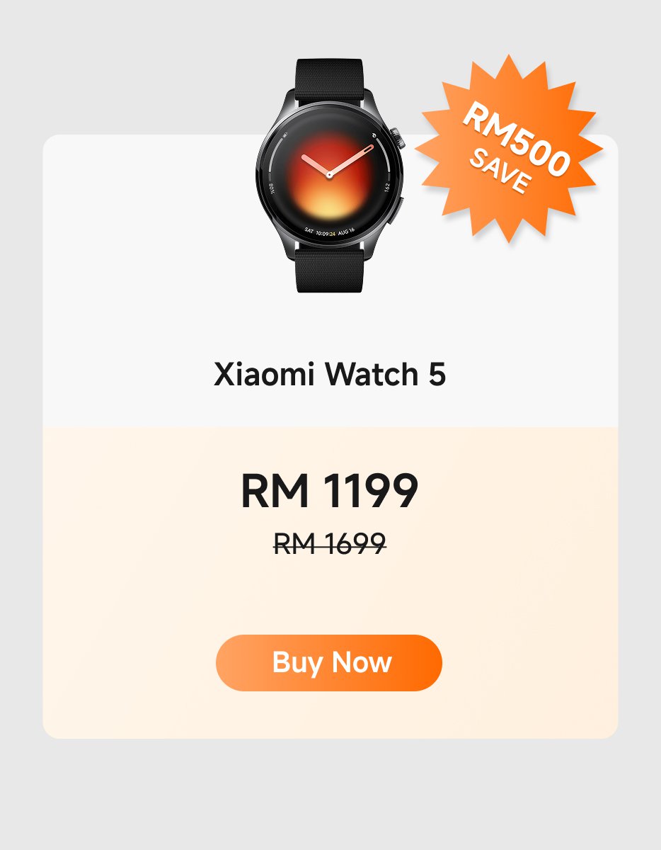 Xiaomi Watch 5 promotional image featuring a discount. The watch is priced at RM 1199, down from RM 1699, with a savings of RM 500 highlighted. There is a "Buy Now" button.