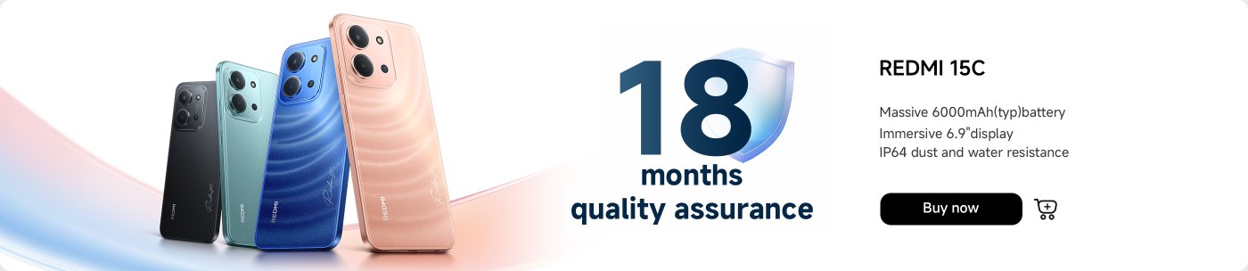 تتميز الصورة بهاتف Redmi 15C الذكي المتوفر بألوان متعددة. يبرز المواصفات الرئيسية مثل بطارية سعة 6000 مللي أمبير، وشاشة بحجم 6.9 بوصة، ومقاومة للغبار والماء بمعيار IP64. هناك أيضًا ملاحظة حول ضمان الجودة لمدة 18 شهرًا، بالإضافة إلى زر "اشتري الآن".