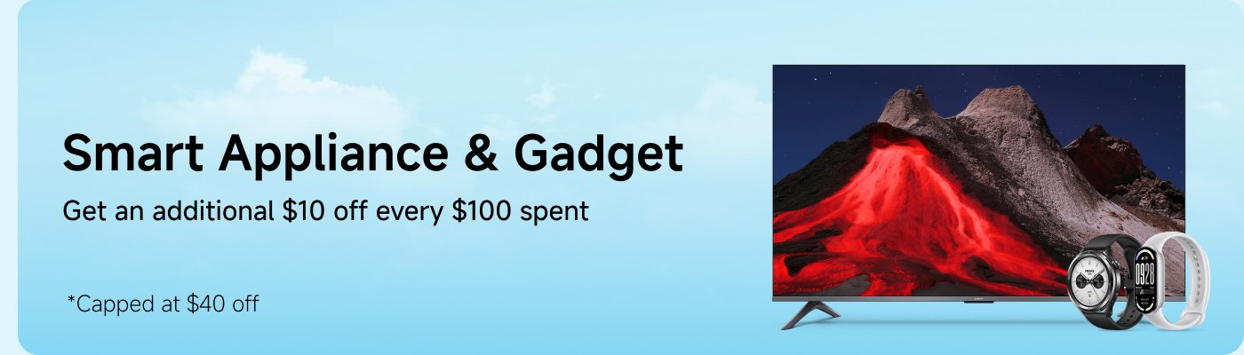 Smart Appliance & Gadget promotion: Get an additional $10 off every $100 spent, capped at $40 off. A TV displaying a volcanic landscape is shown alongside smartwatches.