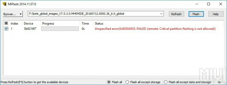 MIFLASH Unlock версии 5.5.0224.55. MIFLASH пункт Advanced. Critical Partition flashing is not allowed MIFLASH ошибка. Failed Remote device is Locked cannot Erase Xiaomi телефон кирпич.