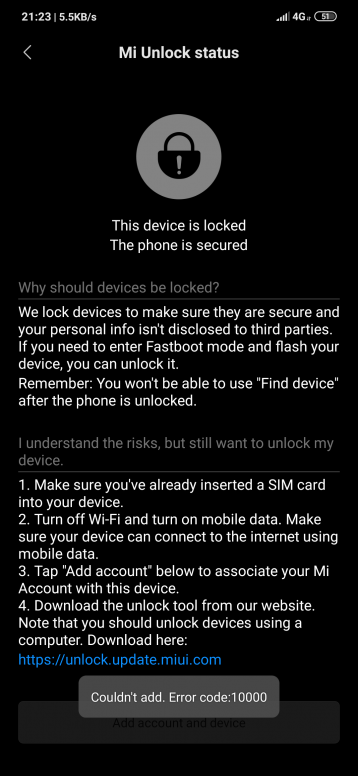 Mi unlock status error 10000 Xiaomi